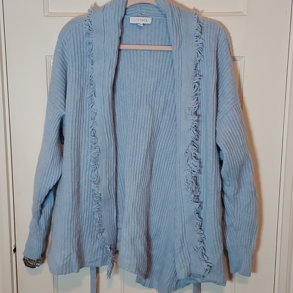 INTERMIX Adrianna Wool/Cashmere Blend Wrap Cardigan in Light Blue